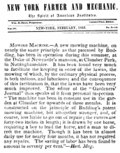 New Shanks Mower mentioned in The New York Farmer & Mechanic - February 1846
