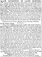 Article by Joshua Major in The Gardeners Chronicle - concerning Green's Mowers and mowers of "The old type"  - 4th August 1855 