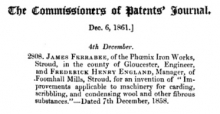 James Ferrabee's Patent No. 2808  - Date 7th December 1858 - "Improvements applicable to machinery for carding, scribbling, and condensing wool and other fibrous substances."