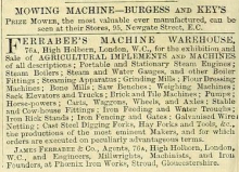 1860-05-19  James Ferrabee's Machine Warehouse at High Holborn, London  and Burgess and Key advertisement - 19th May 1860