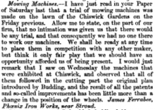 James Ferrabee letter on the Chiswick Lawnmower Trials