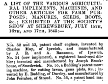 R.A.S.E. Shrewsbury Show 1845  - John Ferrabee exhibiting Budding's Mowers